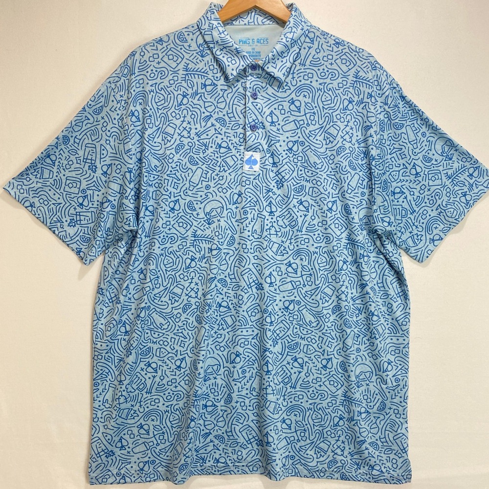 Pins & Aces Golf Co‎ Mens Polo Shirt XXL Light Blue All Over Print Short Sleeve